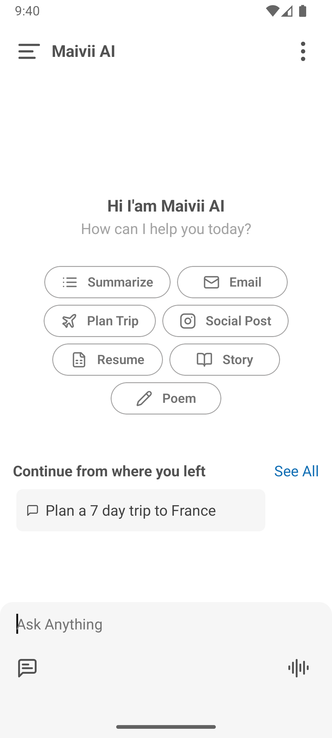 Maivii AI Home Screen